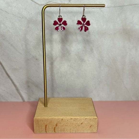 Bright Pink and Rhinestone Flower Earrings - Picture 2 of 4